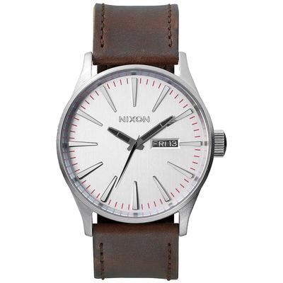 Nixon Sentry Leather 42mm Watch, Silver/Brown