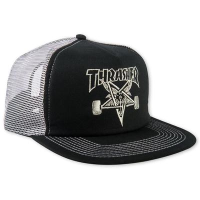 Thrasher Skate Goat Embroidered Mesh Trucker Hat, Black/Grey 